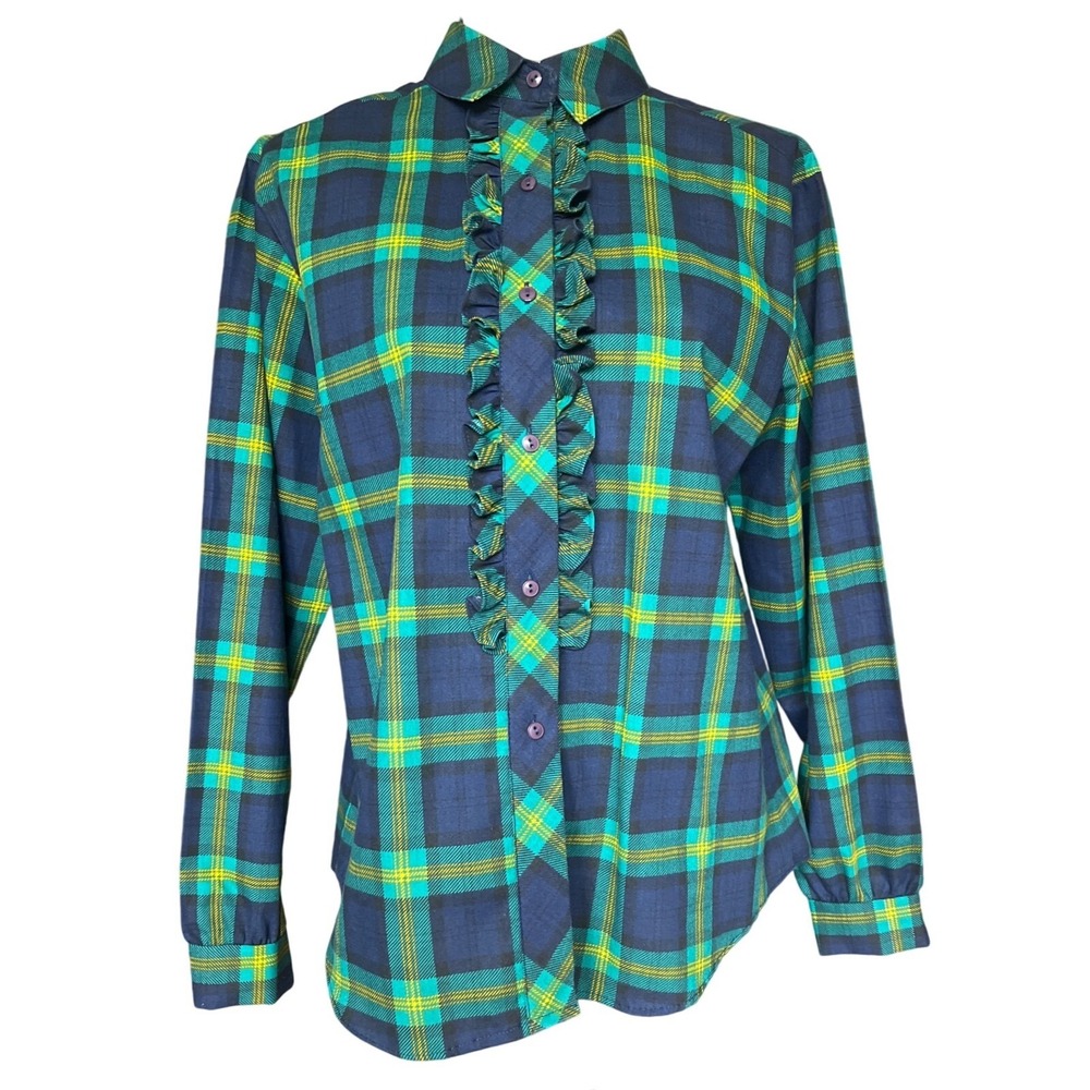 Sakura Sport Women's Plaid Ruffle Button Down Shirt Vtg 12 Ivy League Old Money